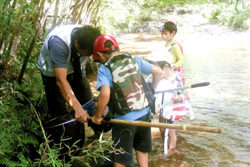 web07◎P説・丸太の皮剥ぎ体験や魚の観察